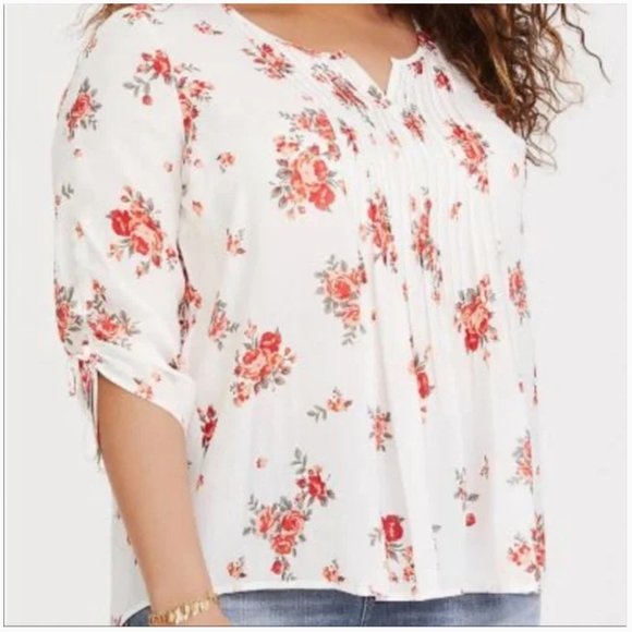Torrid White Floral Chiffon Pintuck Blouse - Picture 2 of 15